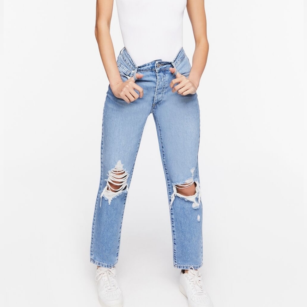 Forever 21 Recycled Cotton Distressed Light Wash Denim Jeans